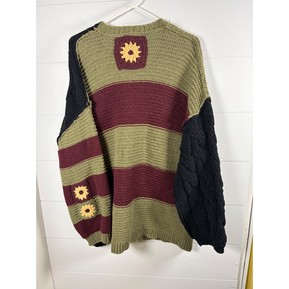 POL Cardigan Sweater Sunflower Crochet Patchwork Sz M Oversized Boho Tie Front - Picture 3 of 12